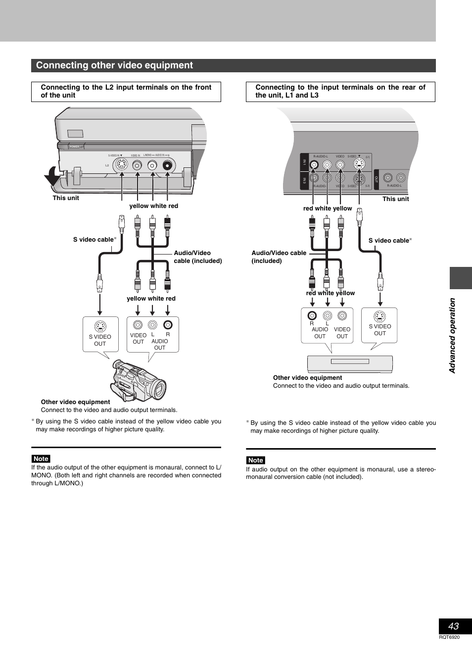 Connecting other video equipment, Ad v a nc e d ope ra tion | Panasonic DMR E50 User Manual | Page 43 / 64