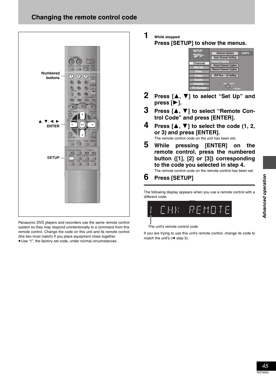 Changing the remote control code, Press [setup] to show the menus, Press [ 3 , 4 ] to select “set up” and press [ 1 | Press [setup | Panasonic DMR E50 User Manual | Page 45 / 64