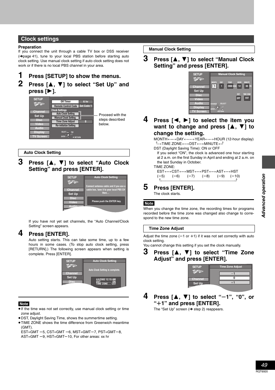 Press [setup] to show the menus, Press [ 3 , 4 ] to select “set up” and press [ 1, Press [enter | Clock settings | Panasonic DMR E50 User Manual | Page 49 / 64