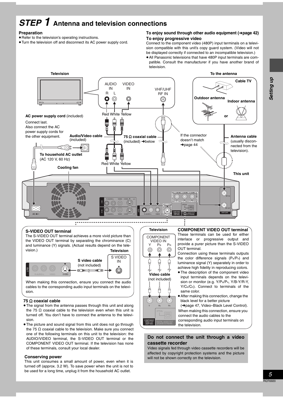 Setting up, Step 1 antenna and television connections, Step | Antenna and television connections, Se tt ing up, Preparation, Page 42) to enjoy progressive video, Component video out terminal, S-video out terminal, 75 ≠ coaxial cable | Panasonic DMR E50 User Manual | Page 5 / 64