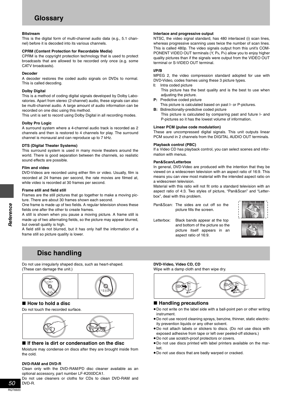 Reference, Glossary, disc handling, Glossary | Disc handling | Panasonic DMR E50 User Manual | Page 50 / 64