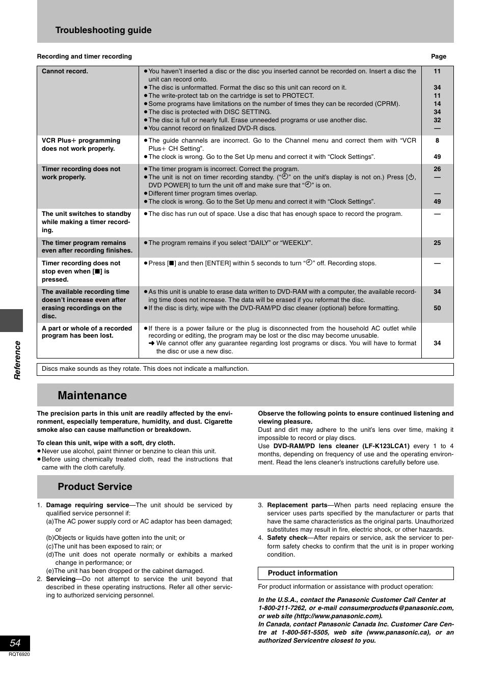 Maintenance, Product service, Troubleshooting guide | Panasonic DMR E50 User Manual | Page 54 / 64