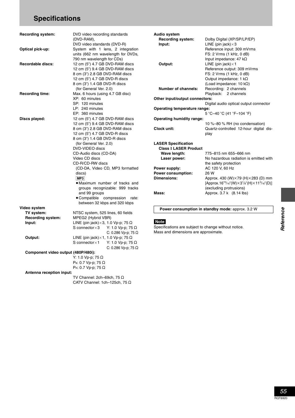 Specifications | Panasonic DMR E50 User Manual | Page 55 / 64