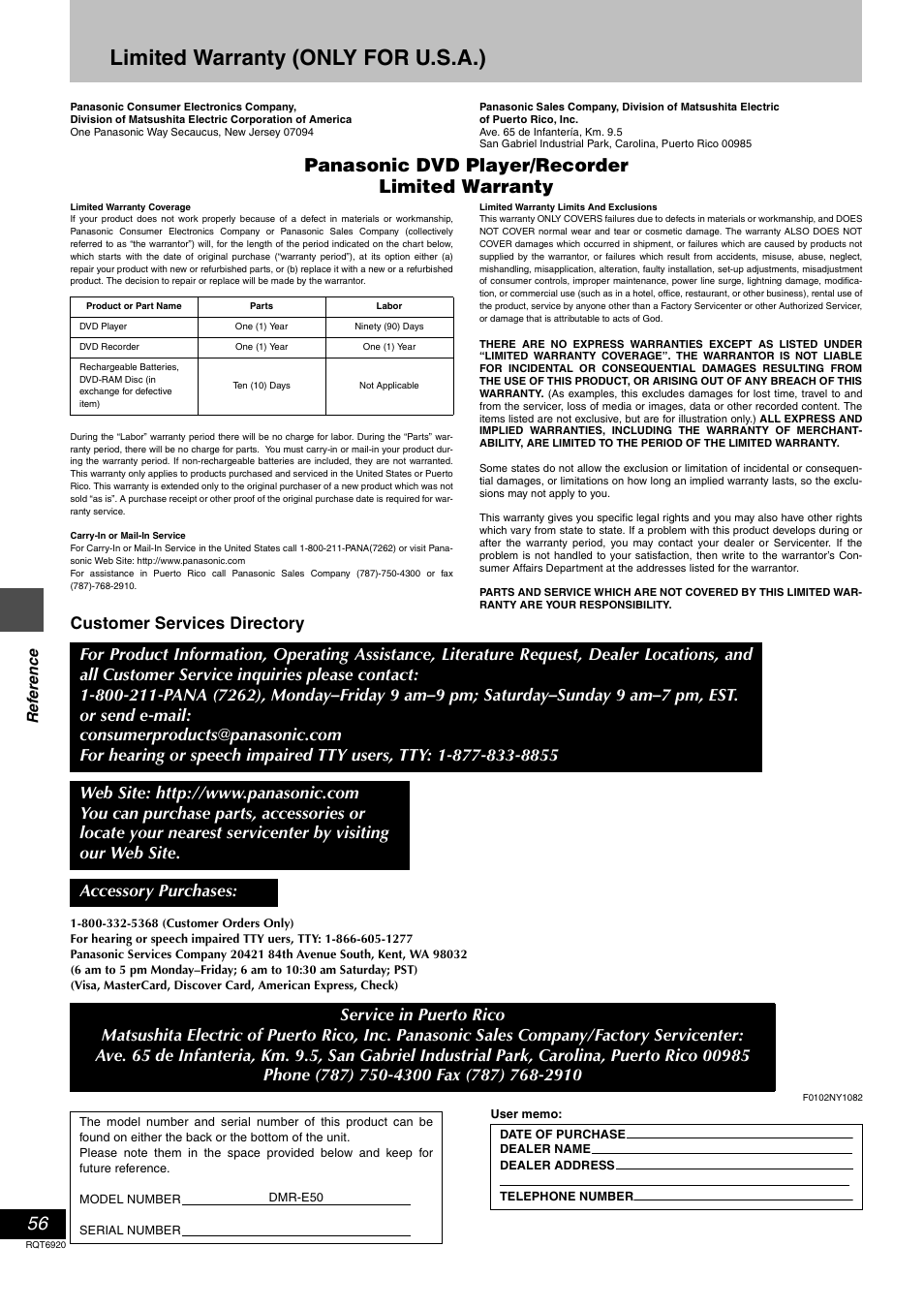 Limited warranty (only for u.s.a.), Panasonic dvd player/recorder limited warranty, Customer services directory | Panasonic DMR E50 User Manual | Page 56 / 64