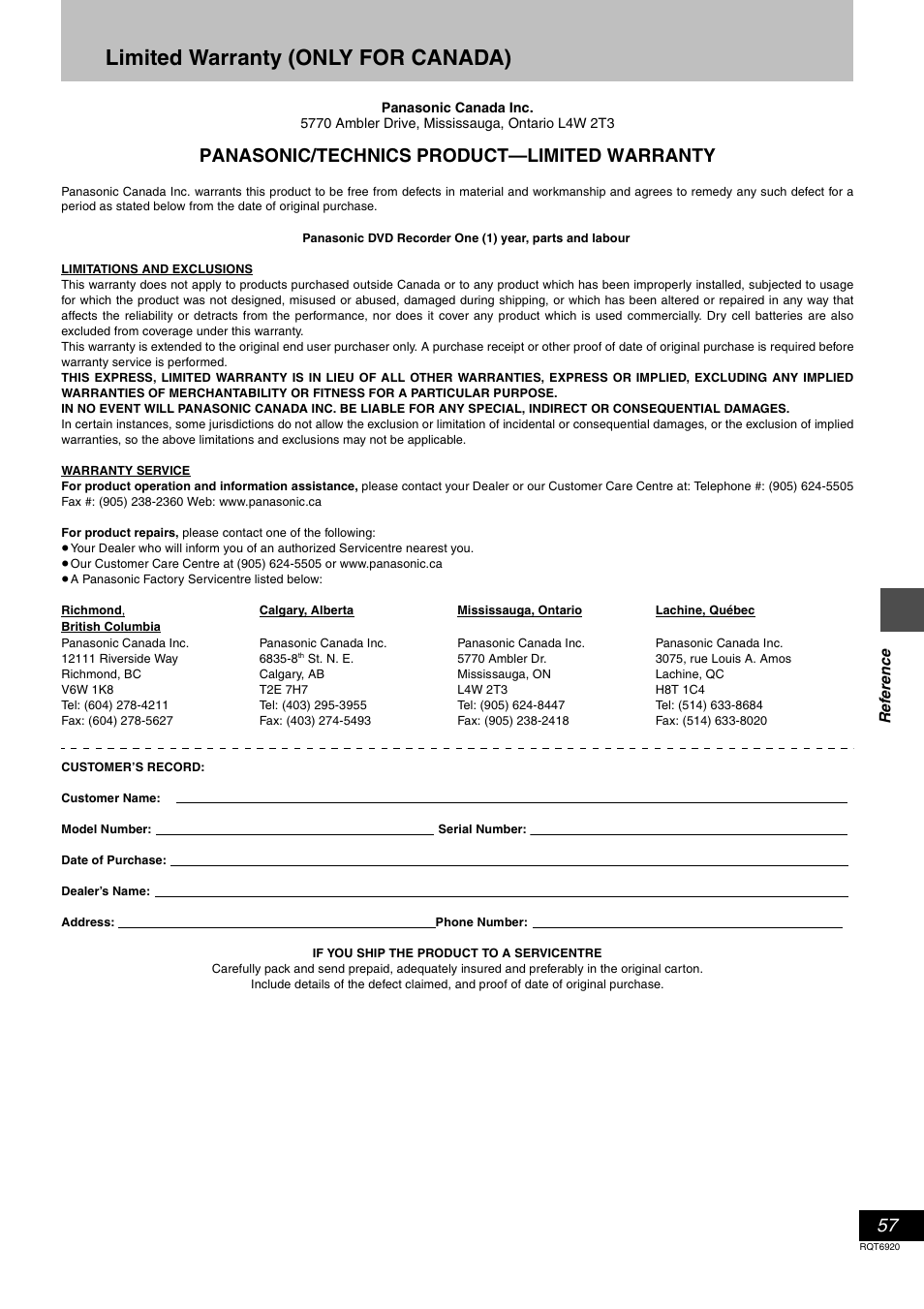 Limited warranty (only for canada), Panasonic/technics product—limited warranty | Panasonic DMR E50 User Manual | Page 57 / 64