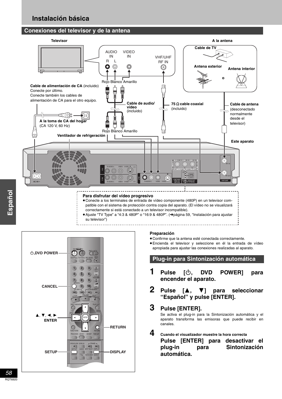 Espanol, Instalacion basica, Español | Instalación básica, Pulse [ í , dvd power] para encender el aparato, Pulse [enter, Plug-in para sintonización automática, Preparación, Para disfrutar del vídeo progresivo | Panasonic DMR E50 User Manual | Page 58 / 64