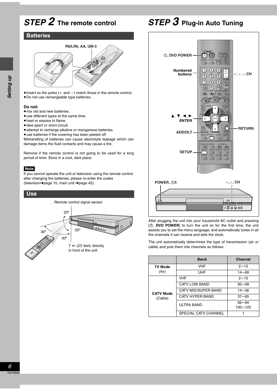 Step 2 the remote control, Step 3 plug-in auto tuning, Step | The remote control, Plug-in auto tuning, Batteries use, Se tt ing up | Panasonic DMR E50 User Manual | Page 6 / 64