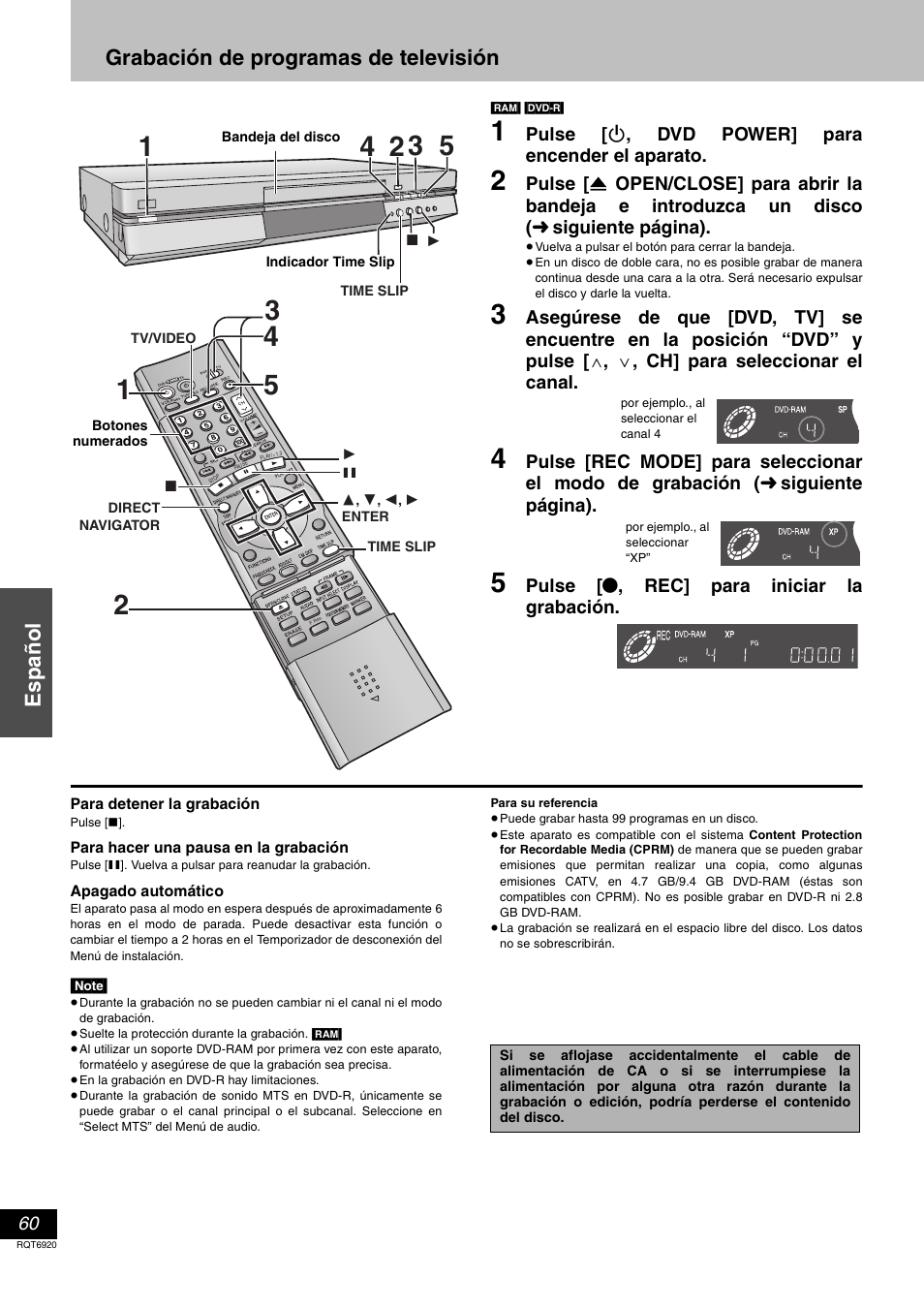 Grabacion de programas de television, Español, Grabación de programas de televisión | Pulse [ í , dvd power] para encender el aparato, Pulse [ ¥ , rec] para iniciar la grabación | Panasonic DMR E50 User Manual | Page 60 / 64