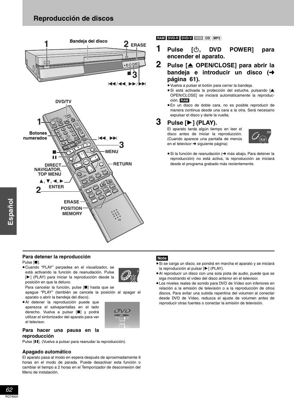 Reproduccion de discos, Español, Reproducción de discos | Pulse [ í , dvd power] para encender el aparato, Pulse [ 1 ] (play) | Panasonic DMR E50 User Manual | Page 62 / 64