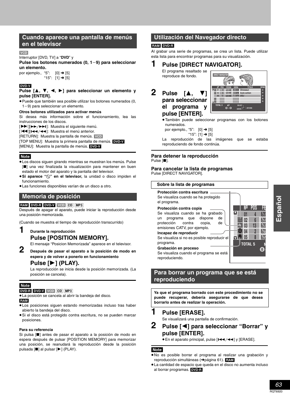 Español, Pulse [ 1 ] (play), Pulse [direct navigator | Pulse [erase, Para borrar un programa que se está reproduciendo, No fe pos | Panasonic DMR E50 User Manual | Page 63 / 64