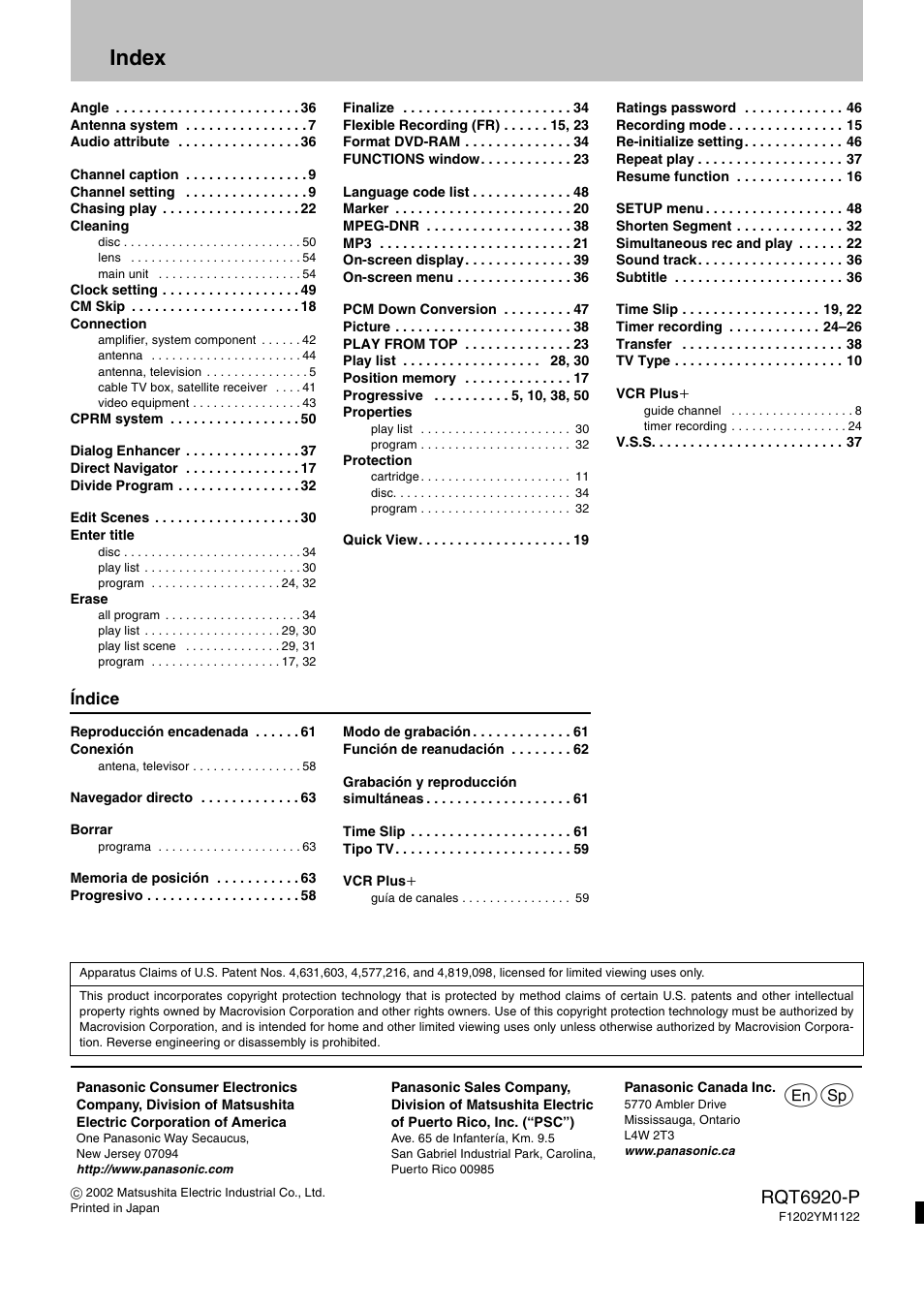 Index, Indice, Rqt6920-p | Panasonic DMR E50 User Manual | Page 64 / 64