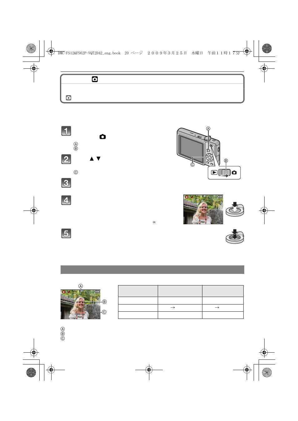 Focusing, Taking pictures with your favorite settings | Panasonic DMC-FS12  EN User Manual | Page 20 / 34