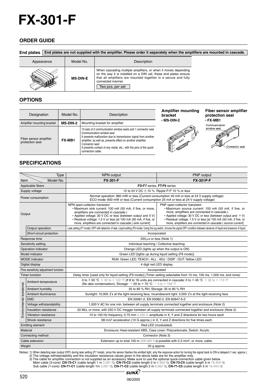 Fx-301-f, Order guide, Options | Specifications | Panasonic Digital Fiber Sensor FX-301 User Manual | Page 57 / 66