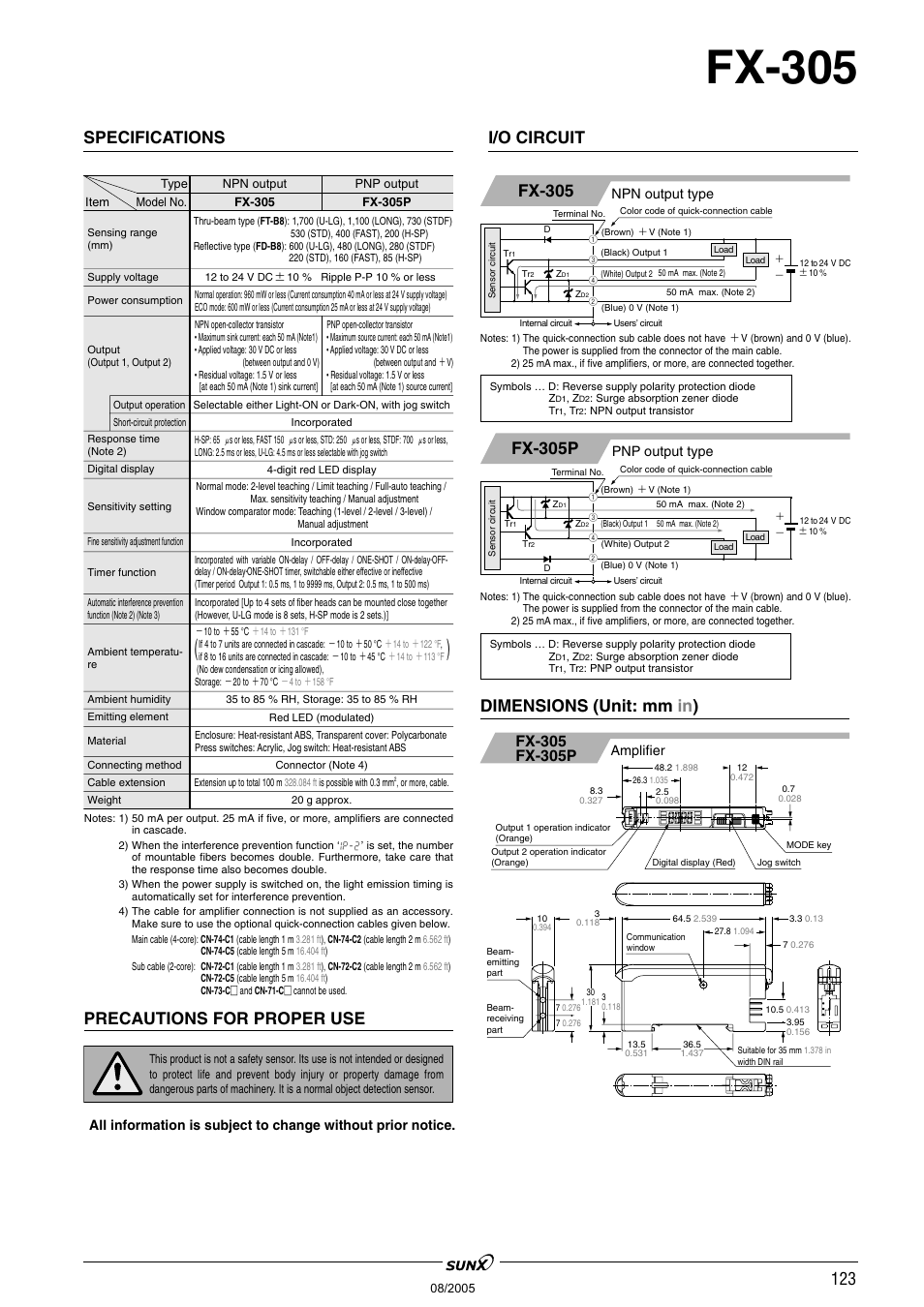 Fx-305, Precautions for proper use | Panasonic Digital Fiber Sensor FX-301 User Manual | Page 66 / 66