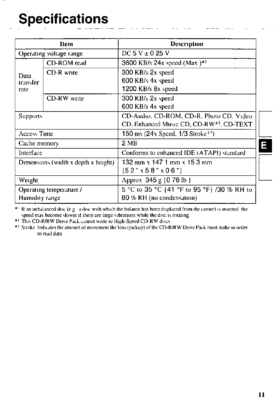 Specifications, Item description | Panasonic CD-R/RW CF-VCW721 User Manual | Page 11 / 28