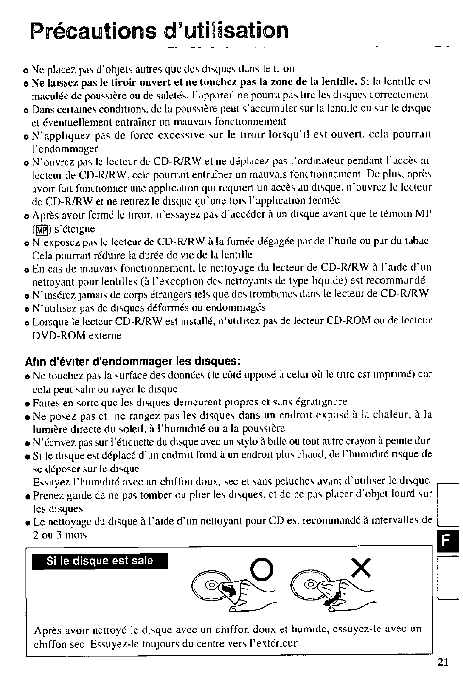 Précautions d’utilisation | Panasonic CD-R/RW CF-VCW721 User Manual | Page 21 / 28