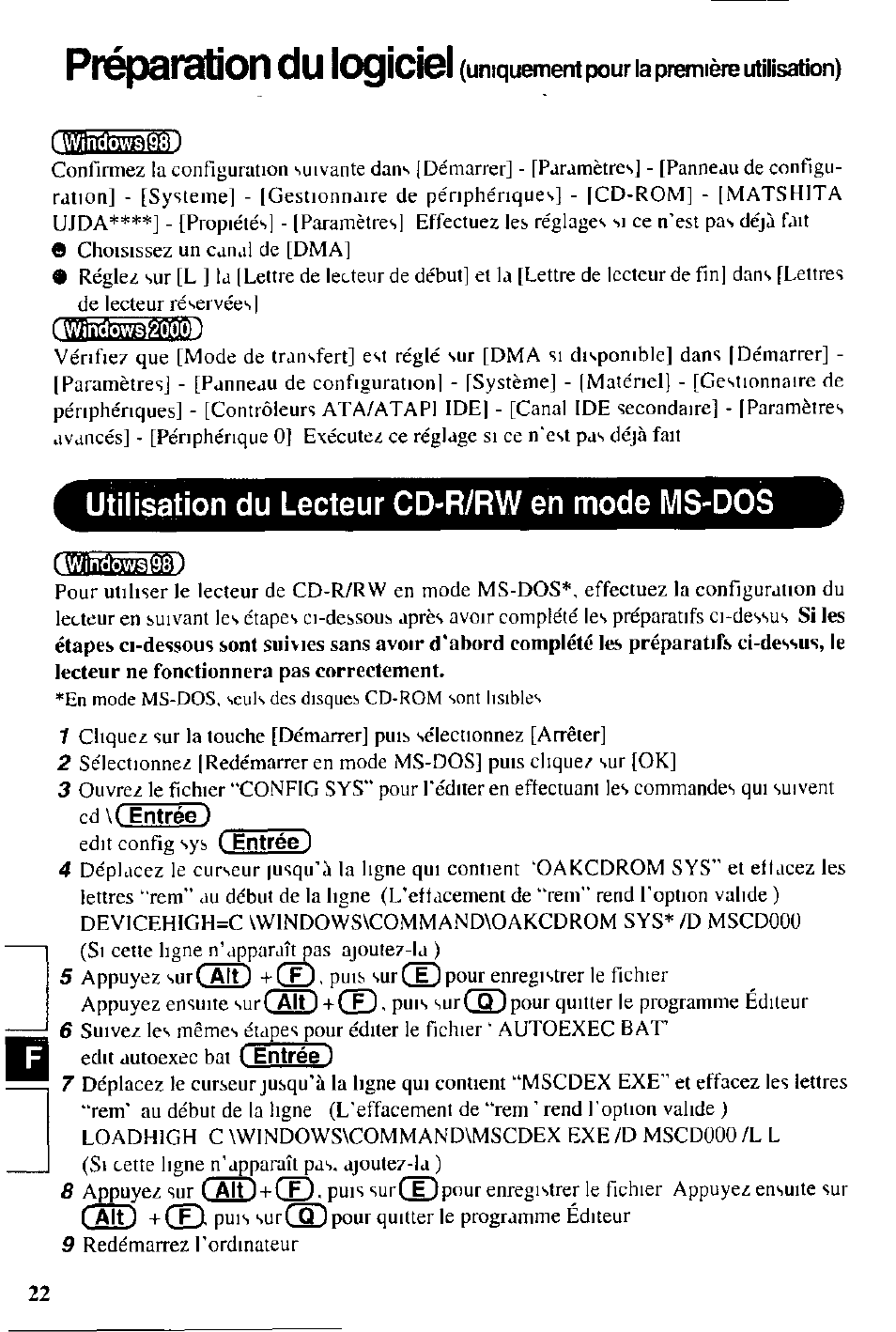 Utilisation du lecteur cd-r/rw en mode ms-dos, Préparation du logiciel | Panasonic CD-R/RW CF-VCW721 User Manual | Page 22 / 28