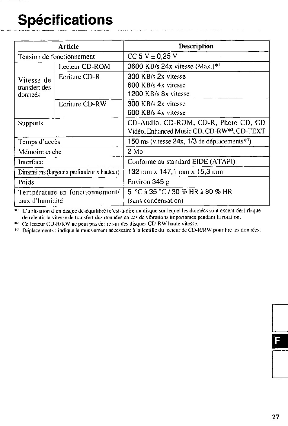 Spécifications | Panasonic CD-R/RW CF-VCW721 User Manual | Page 27 / 28