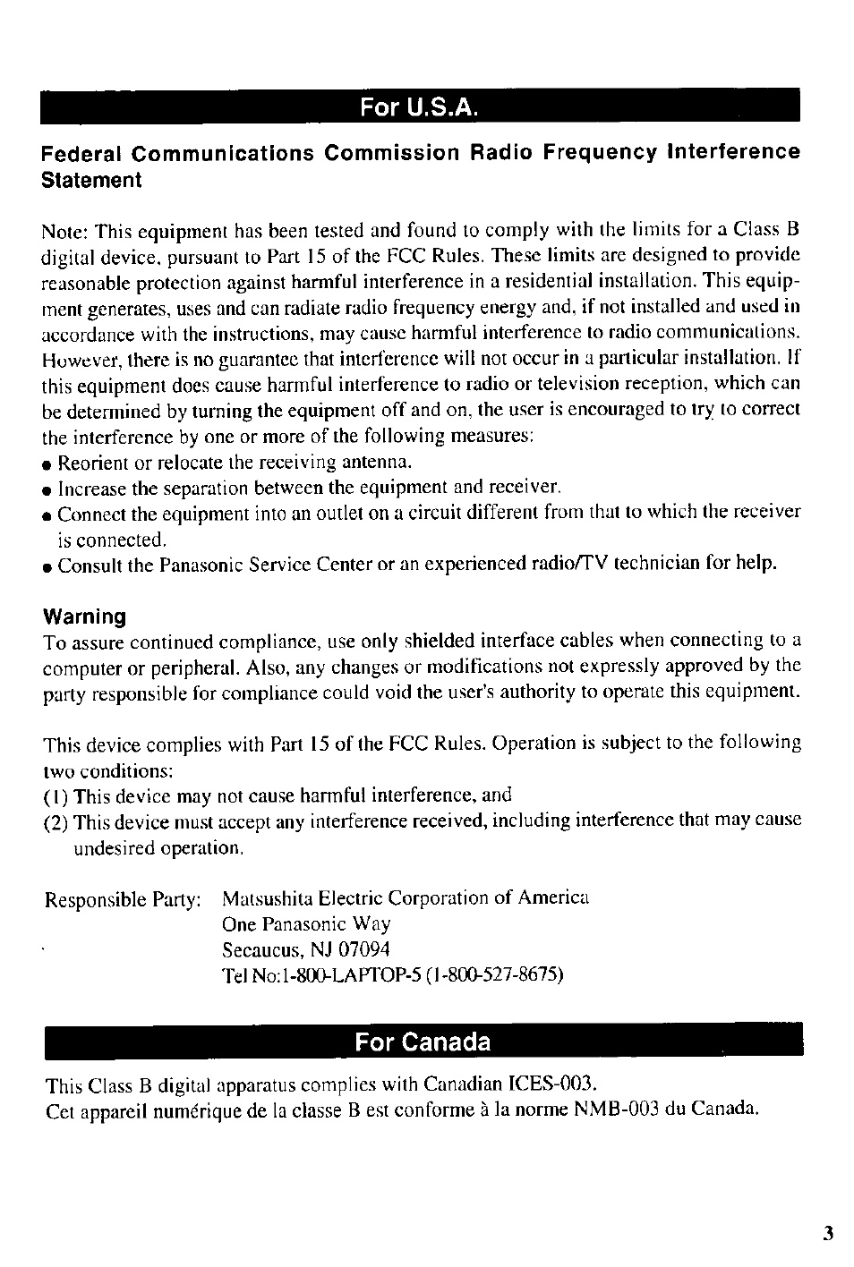 For u.s.a, Warning, For canada | Panasonic CD-R/RW CF-VCW721 User Manual | Page 3 / 28