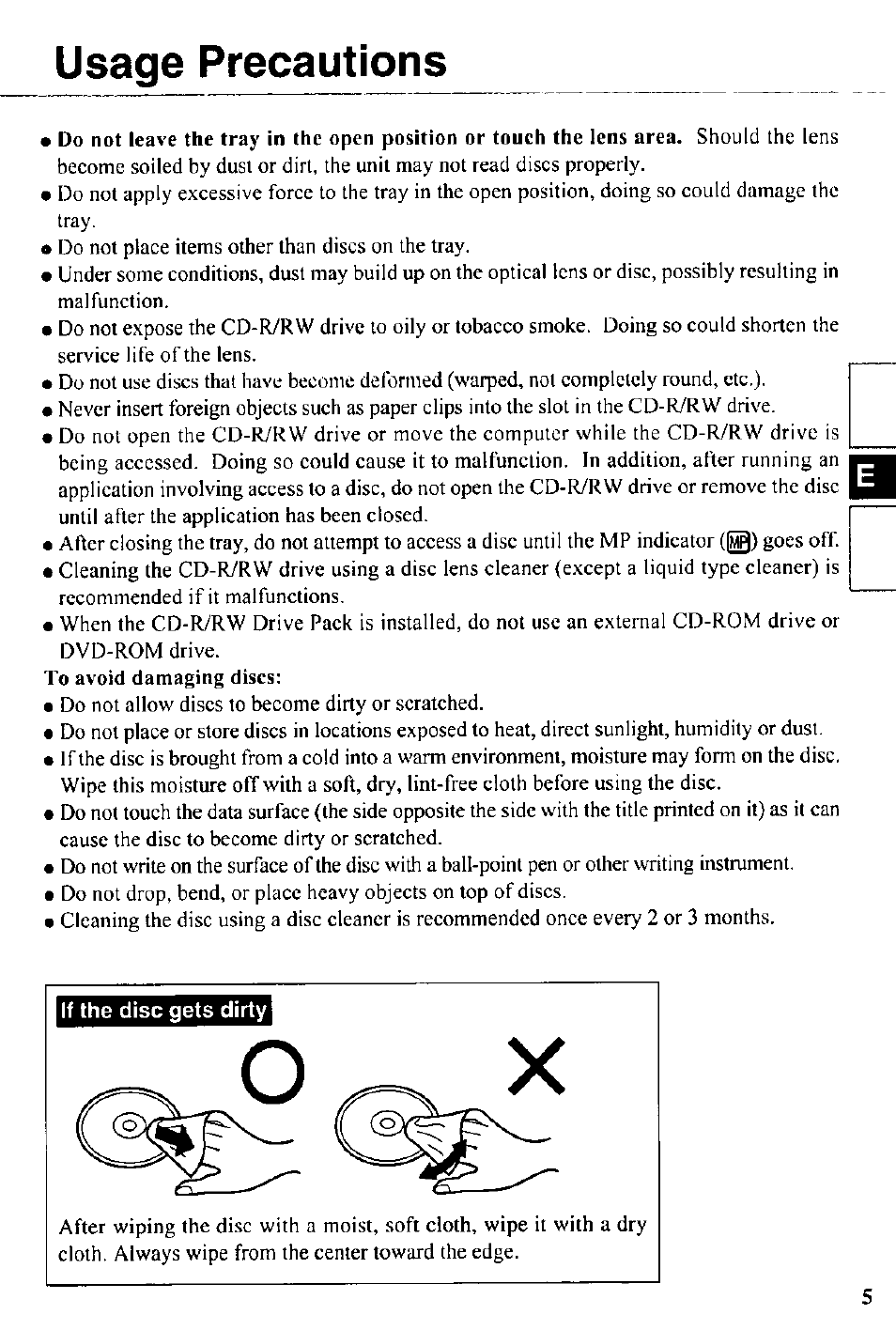 Usage precautions, If the disc gets dirty | Panasonic CD-R/RW CF-VCW721 User Manual | Page 5 / 28