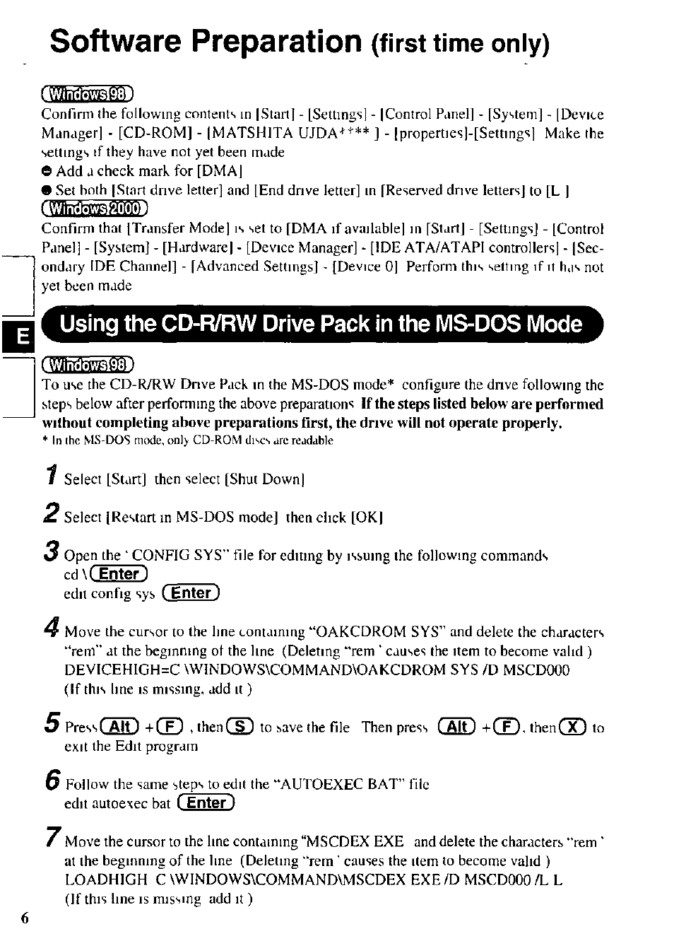 Software preparation (first time only), Using the cd-r/rw drive pack in the ms-dos mode, Software preparation | First time only) | Panasonic CD-R/RW CF-VCW721 User Manual | Page 6 / 28