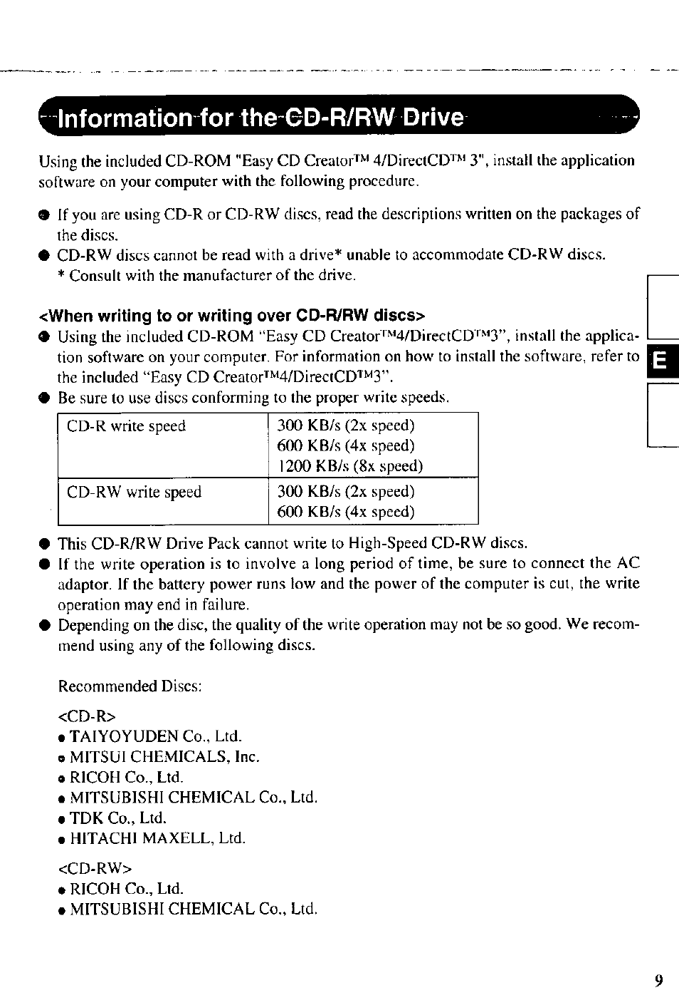Information for the-6d-r/rw drive, When writing to or writing over cd-r/rw discs | Panasonic CD-R/RW CF-VCW721 User Manual | Page 9 / 28