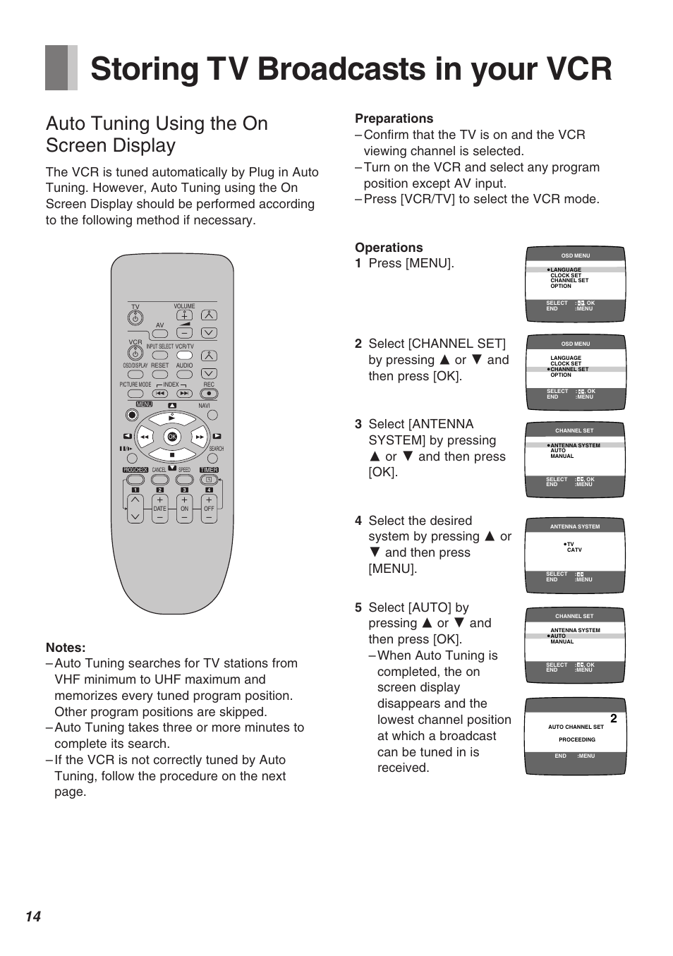 Storing tv broadcasts in your vcr, Auto tuning using the on screen display | Panasonic AG-2570 User Manual | Page 14 / 44