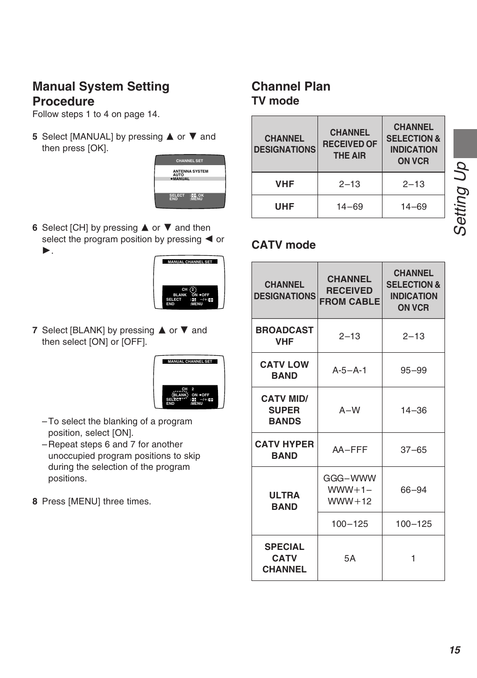 Setting up, Manual system setting procedure, Channel plan | Tv mode, Catv mode | Panasonic AG-2570 User Manual | Page 15 / 44