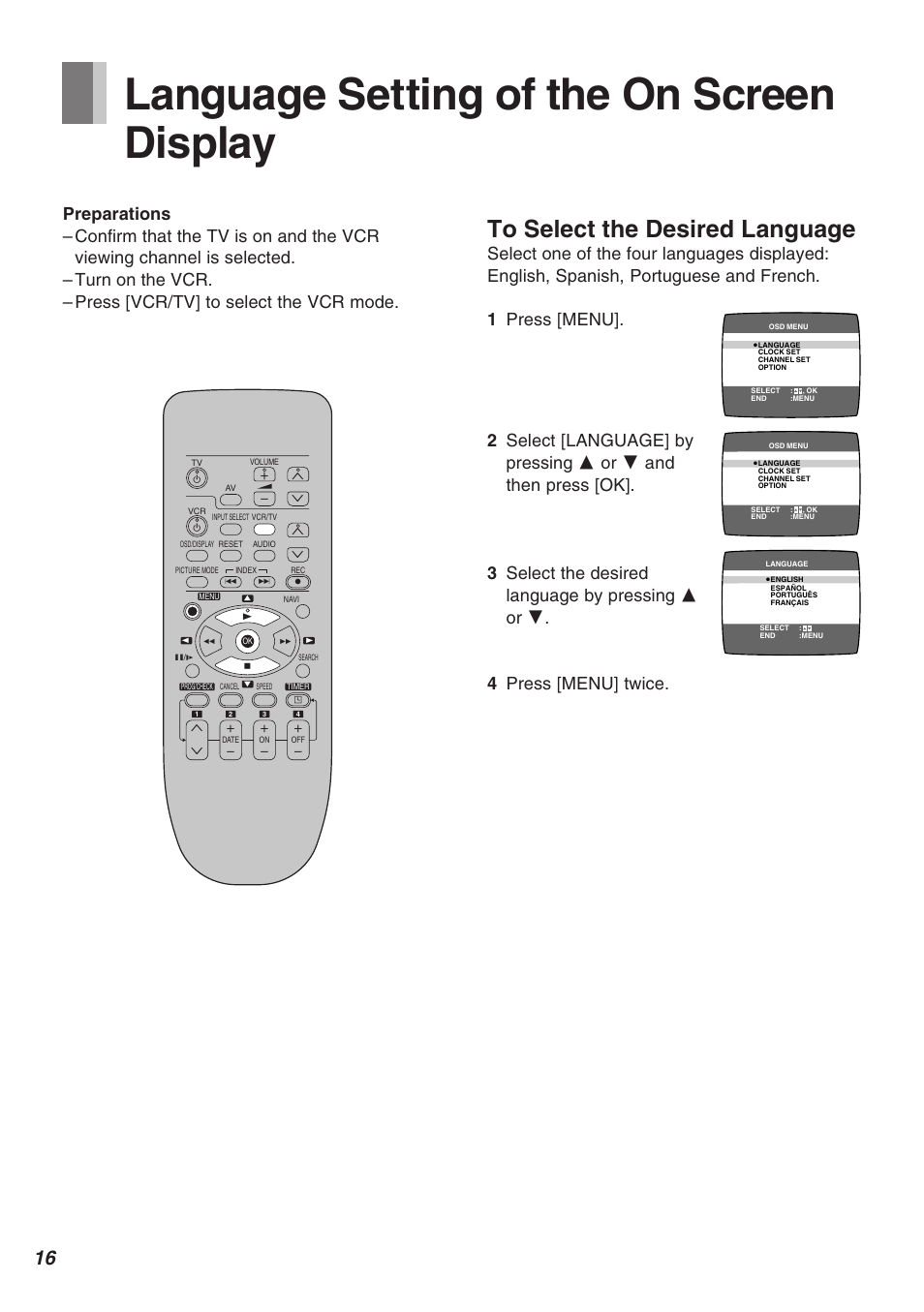 Language setting of the on screen display, Xw x | Panasonic AG-2570 User Manual | Page 16 / 44