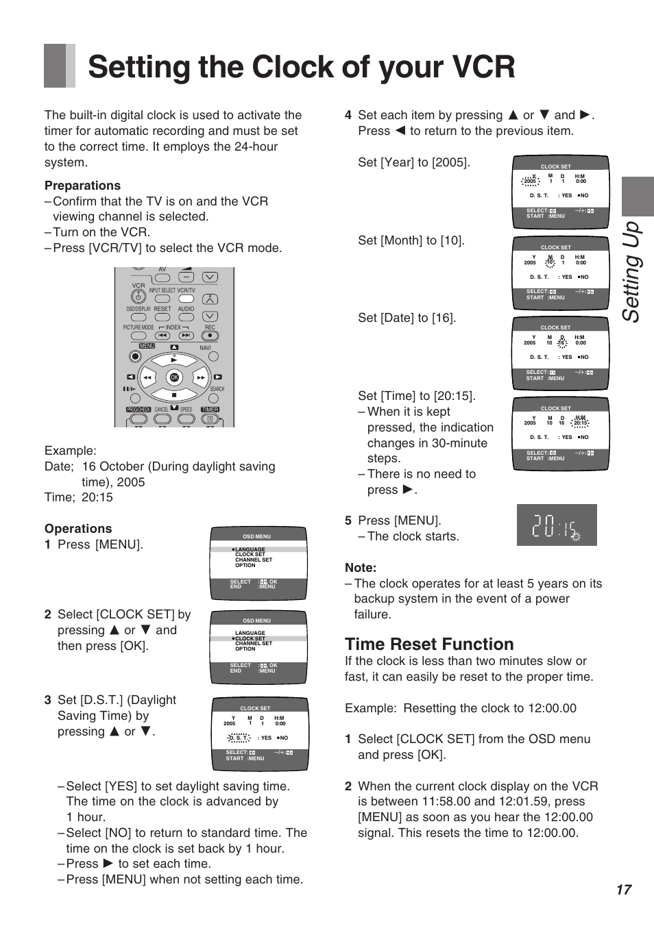 Setting the clock of your vcr, Setting up, Time reset function | Panasonic AG-2570 User Manual | Page 17 / 44
