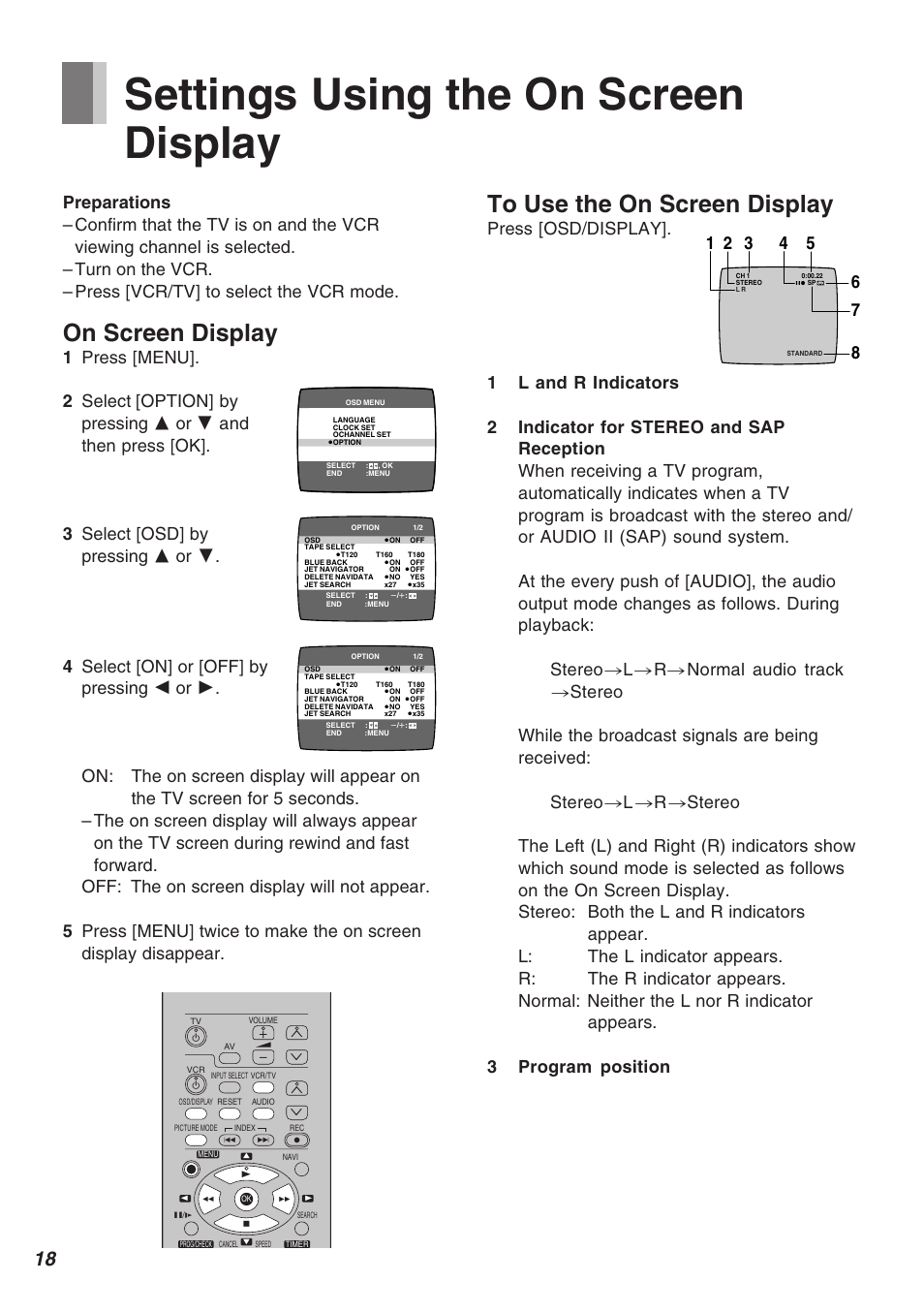 Settings using the on screen display, On screen display | Panasonic AG-2570 User Manual | Page 18 / 44