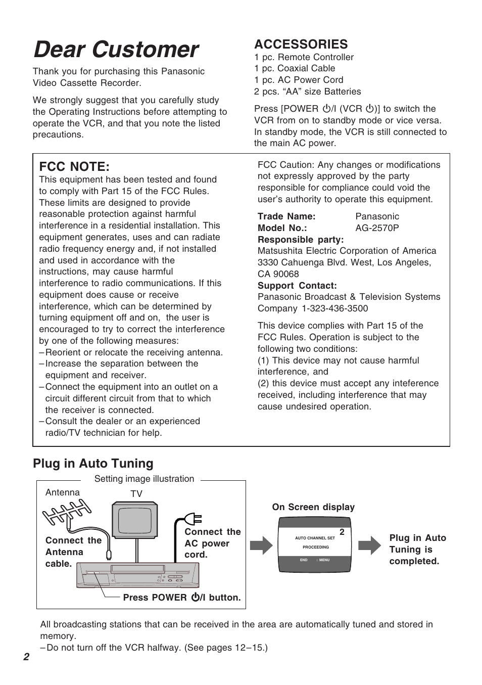 Dear customer, Accessories, Plug in auto tuning | Panasonic AG-2570 User Manual | Page 2 / 44