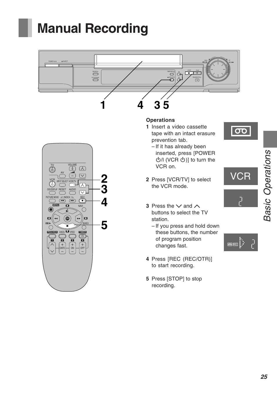 Manual recording, Basic operations | Panasonic AG-2570 User Manual | Page 25 / 44