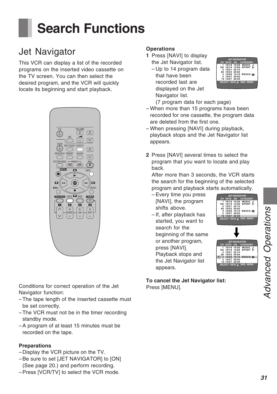 Search functions, Advanced operations, Jet navigator | Panasonic AG-2570 User Manual | Page 31 / 44