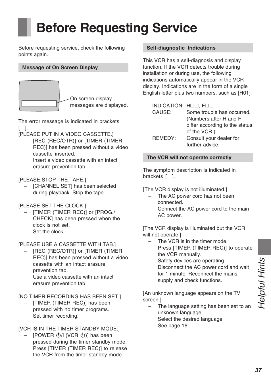 Helpful hints, Before requesting service | Panasonic AG-2570 User Manual | Page 37 / 44