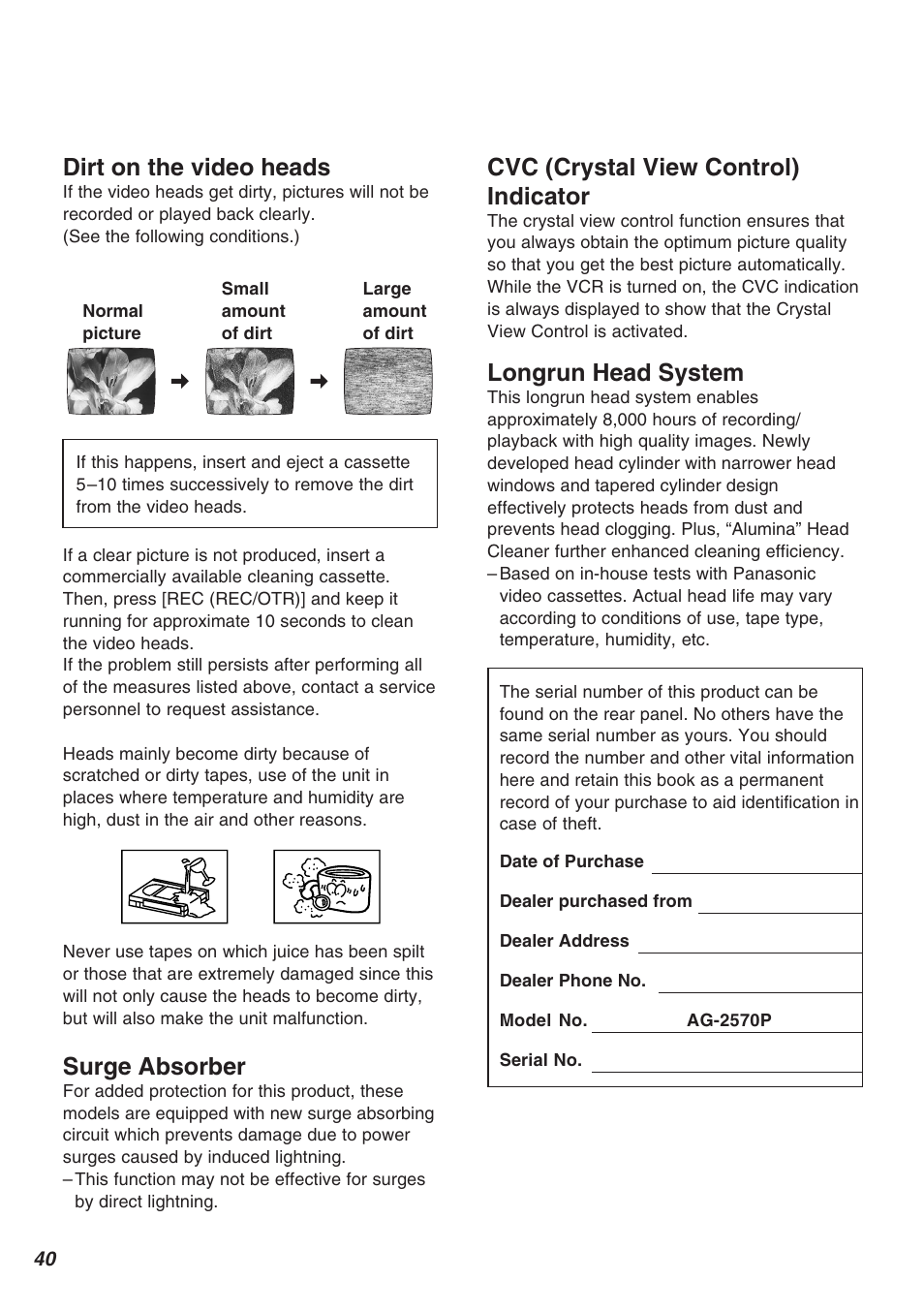 Dirt on the video heads, Surge absorber, Cvc (crystal view control) indicator | Longrun head system | Panasonic AG-2570 User Manual | Page 40 / 44