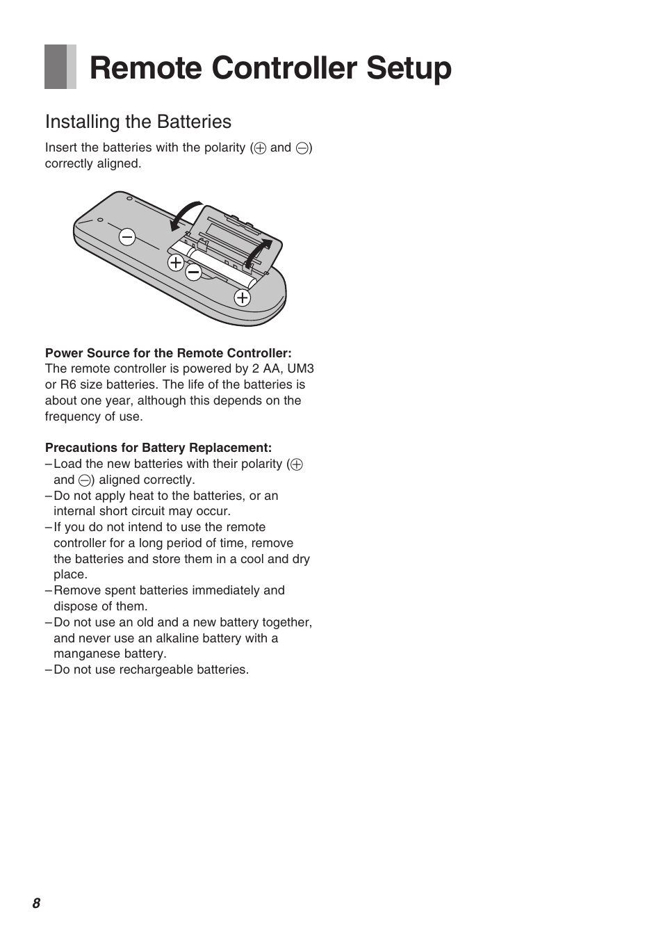 Remote controller setup, Installing the batteries | Panasonic AG-2570 User Manual | Page 8 / 44