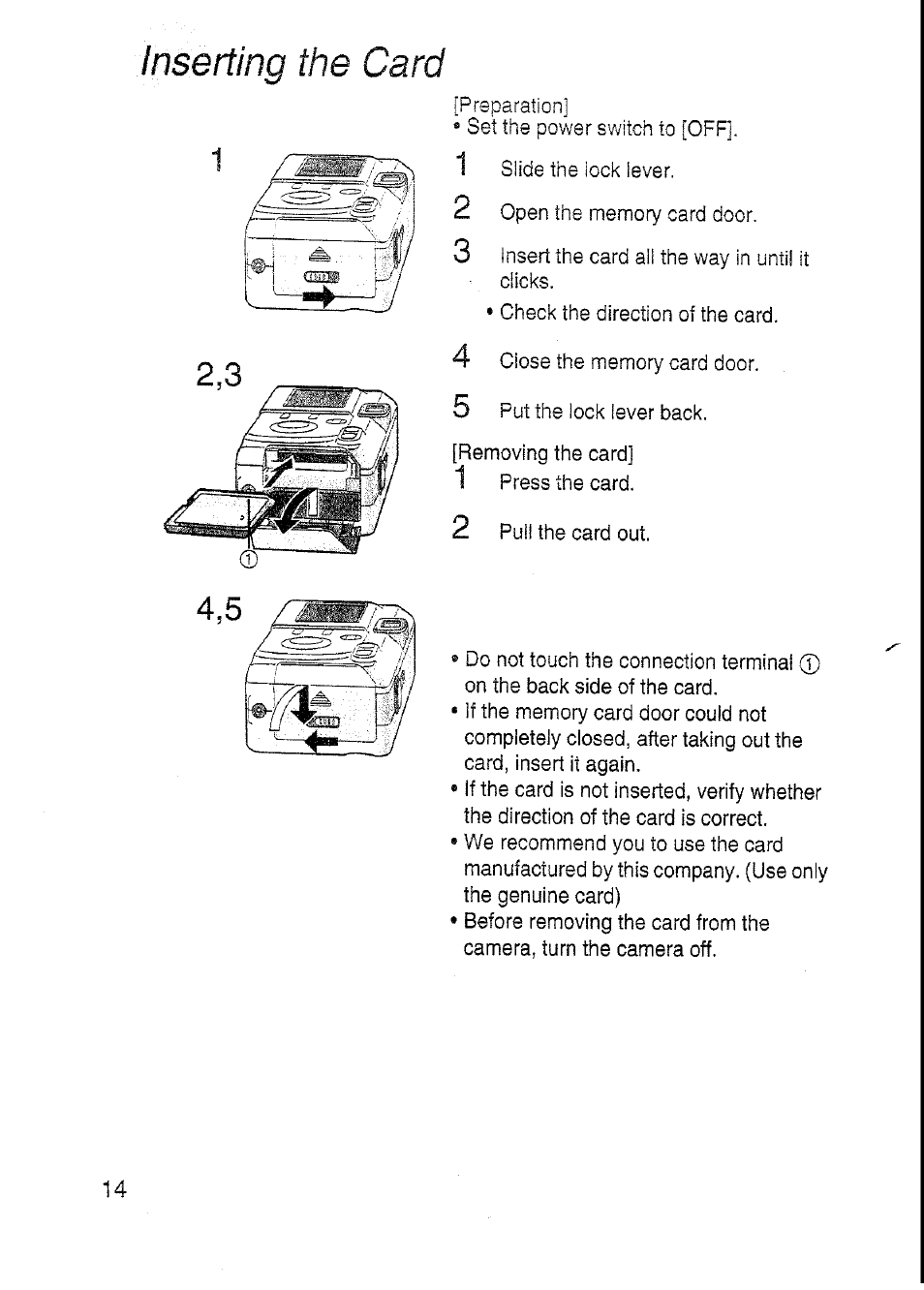 Inserting the card | Panasonic DMC-F7A User Manual | Page 14 / 76
