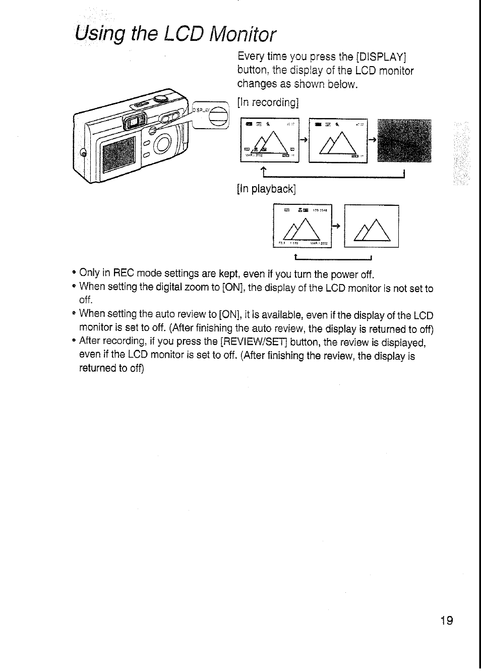 Using the lcd monitor | Panasonic DMC-F7A User Manual | Page 19 / 76