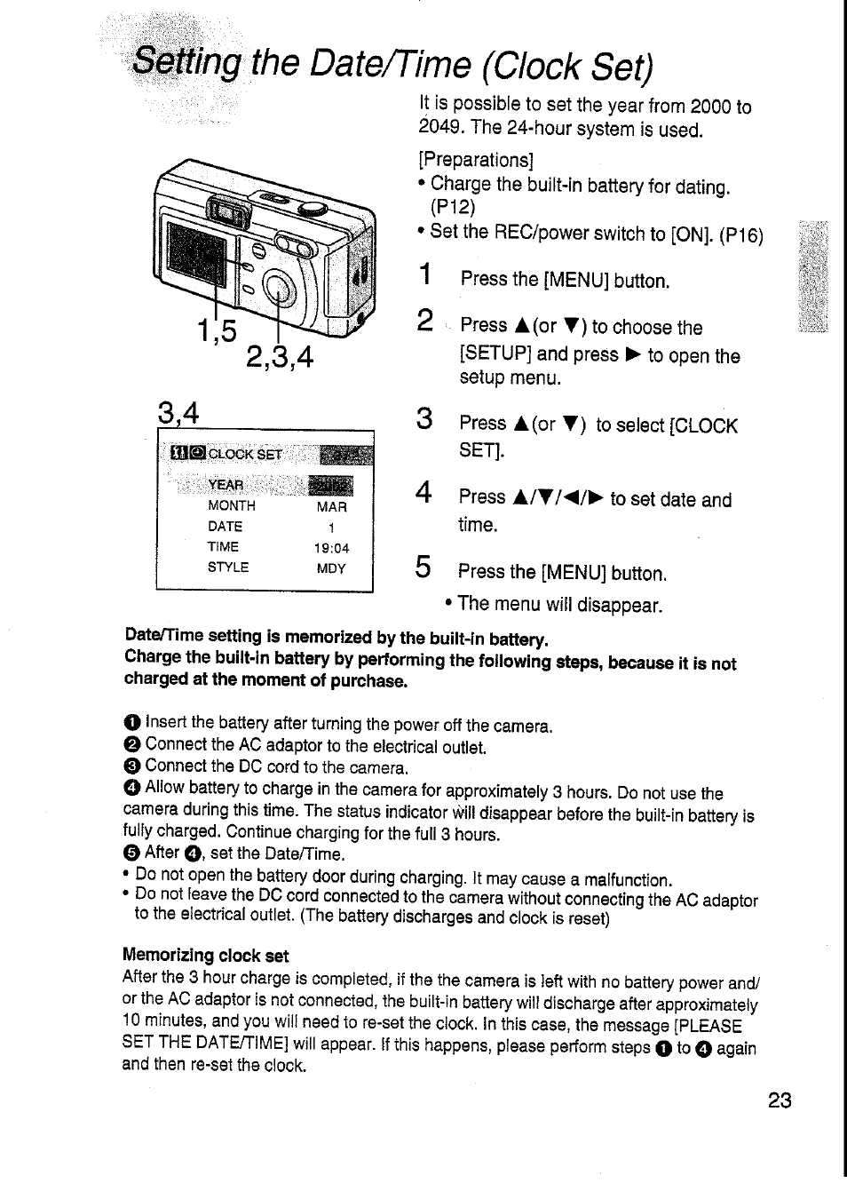 Memorizing clock set, Siting the date/time (clock set) | Panasonic DMC-F7A User Manual | Page 23 / 76