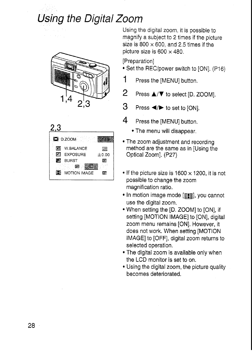 The digital zoom, Using the digital zoom, 1i* 2 3 4 | Panasonic DMC-F7A User Manual | Page 28 / 76