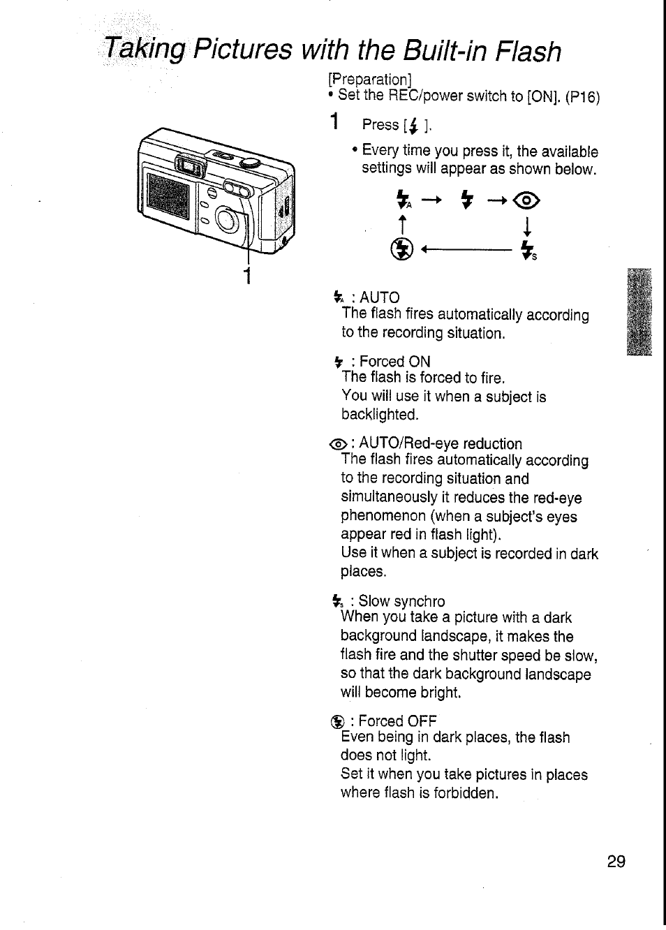 Taking pictures with the built-in flash | Panasonic DMC-F7A User Manual | Page 29 / 76