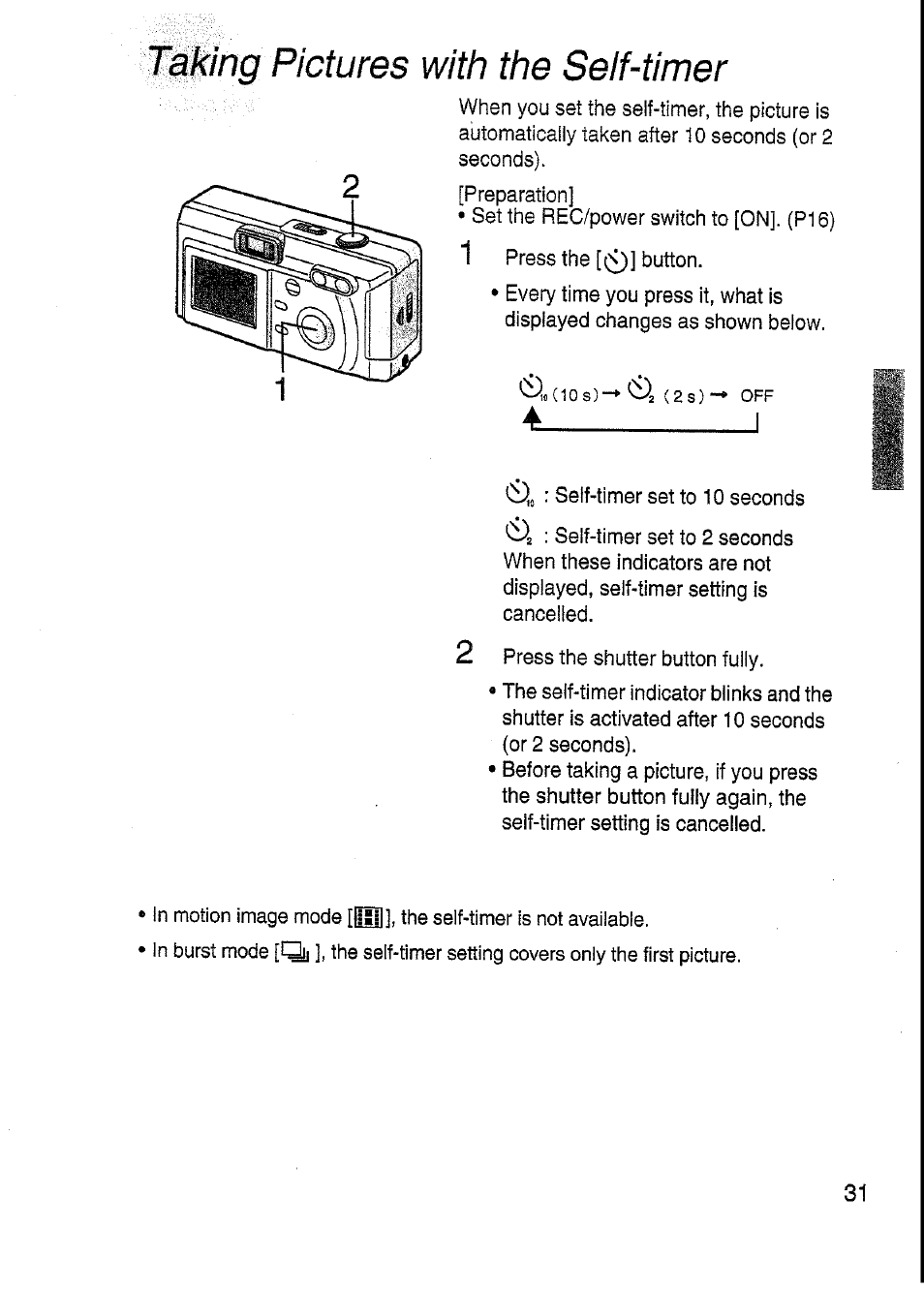 Faking pictures with the self-timer, Taking pictures with the self-timer | Panasonic DMC-F7A User Manual | Page 31 / 76