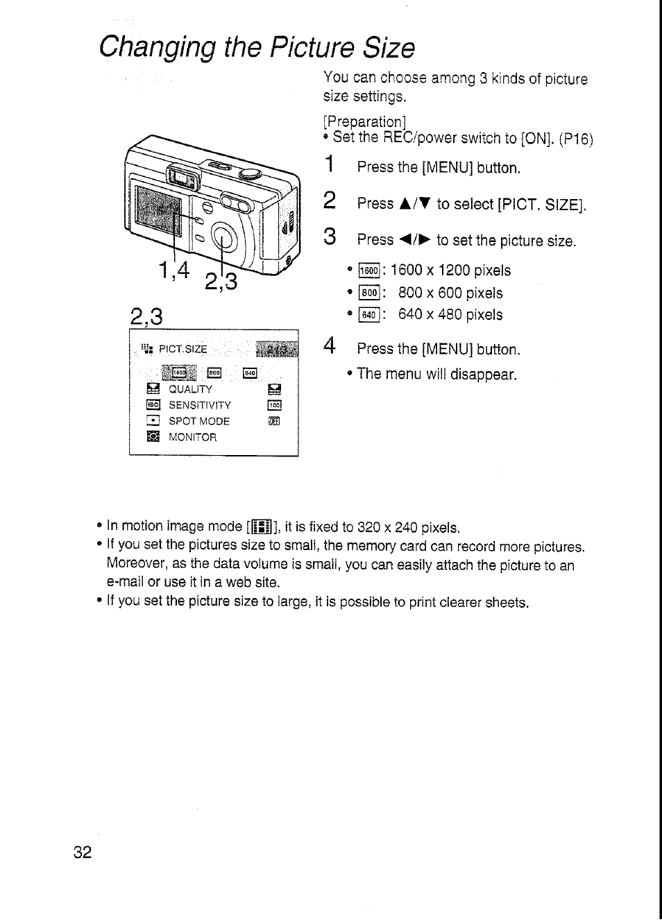 Changing the picture size | Panasonic DMC-F7A User Manual | Page 32 / 76