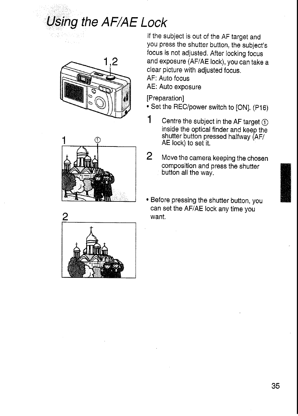 Using the af/ae lock | Panasonic DMC-F7A User Manual | Page 35 / 76