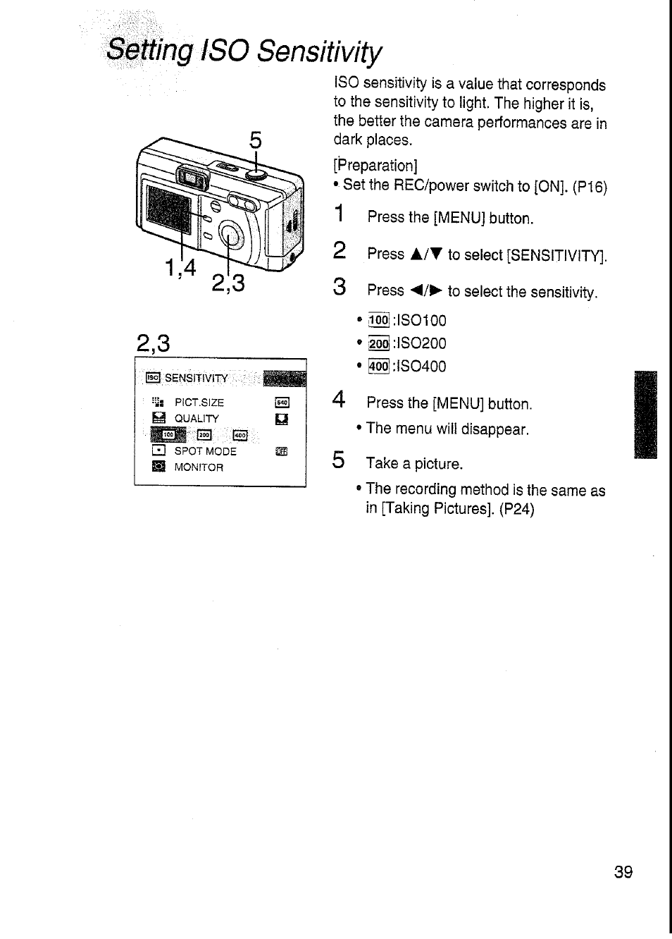 Setting iso sensitivity | Panasonic DMC-F7A User Manual | Page 39 / 76