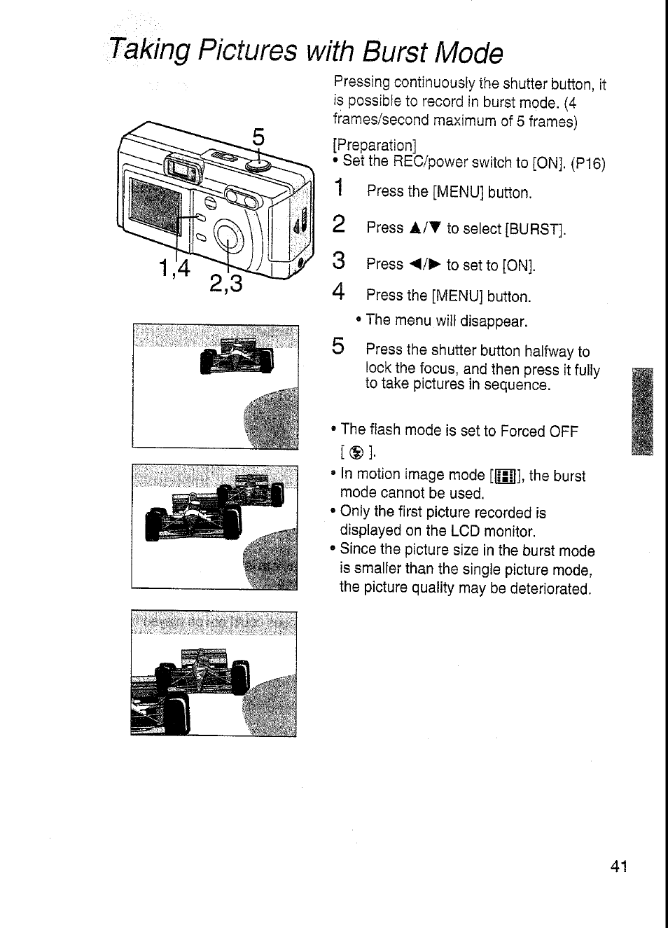 Taking pictures with burst mode, Takina pictures with burst mode, A / t | Panasonic DMC-F7A User Manual | Page 41 / 76