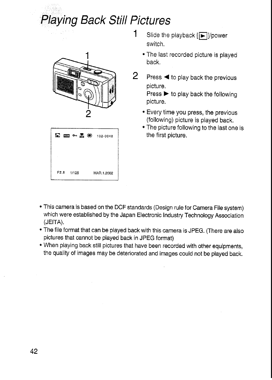 Playing back still pictures, Piaying back still pictures | Panasonic DMC-F7A User Manual | Page 42 / 76