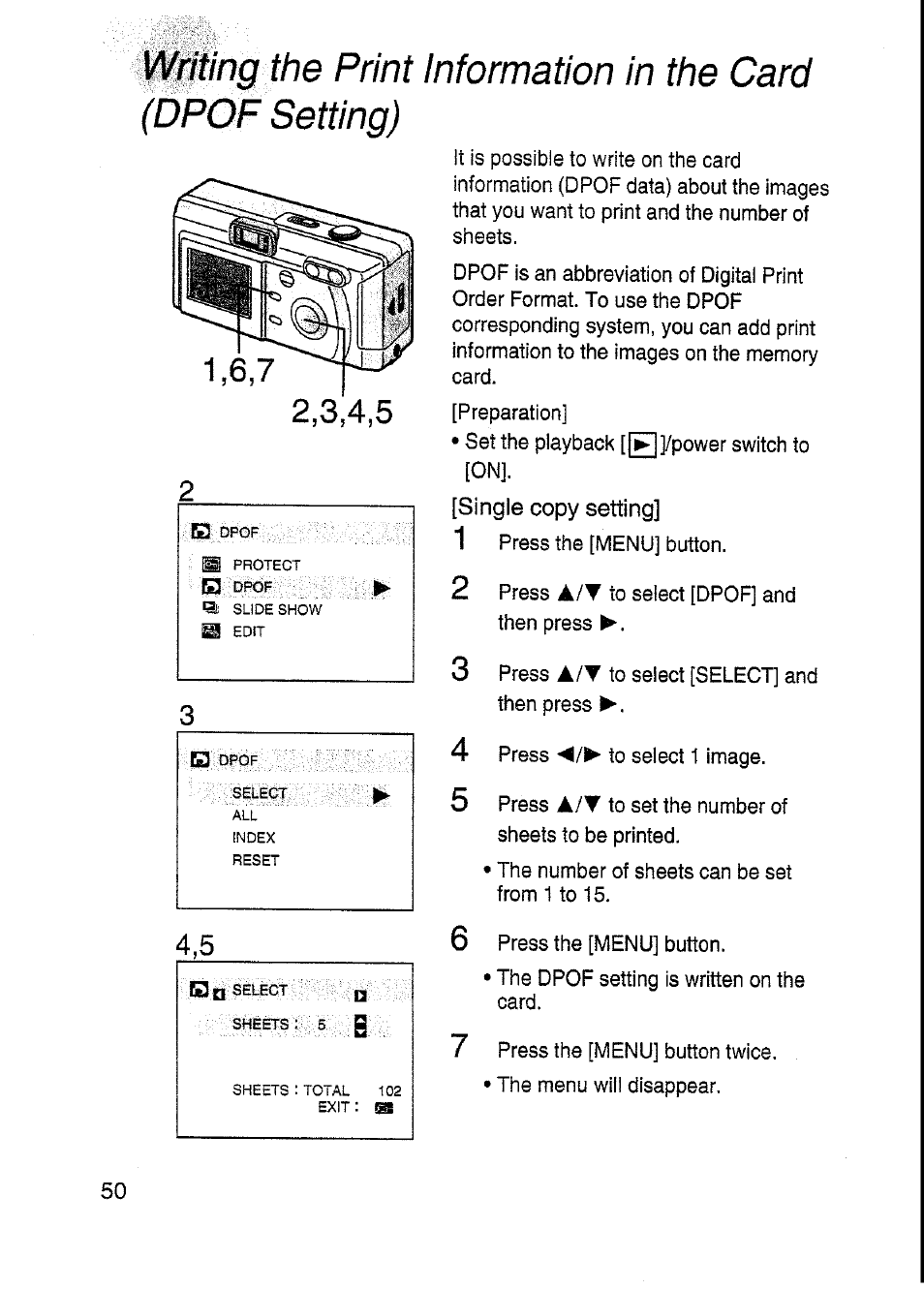 Wiing ihe print information in the card, 2,3j4,5, Single copy setting | A / t | Panasonic DMC-F7A User Manual | Page 50 / 76