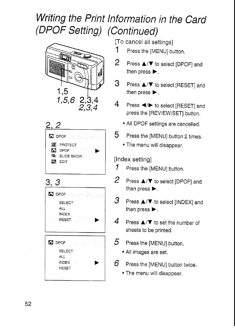 Writing the print (dpof setting), Information in the card (continued), Index setting | Panasonic DMC-F7A User Manual | Page 52 / 76